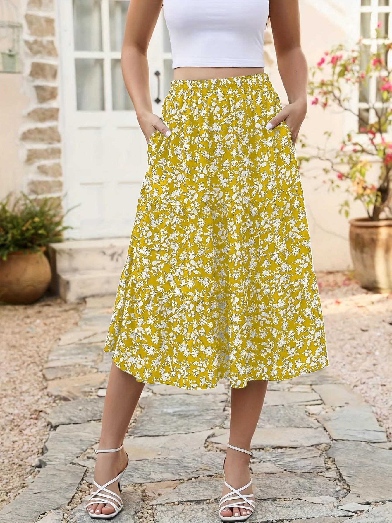 Floral Print Elastic Waist Midi Skirt,