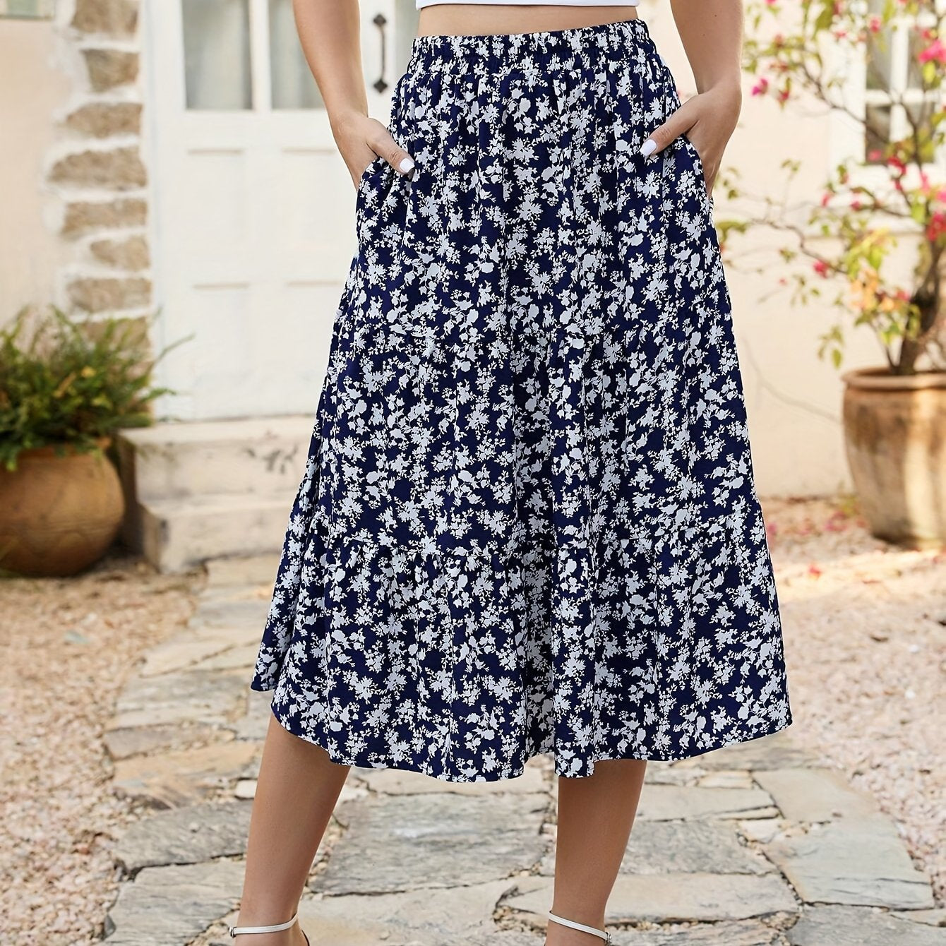 Floral Print Elastic Waist Midi Skirt,