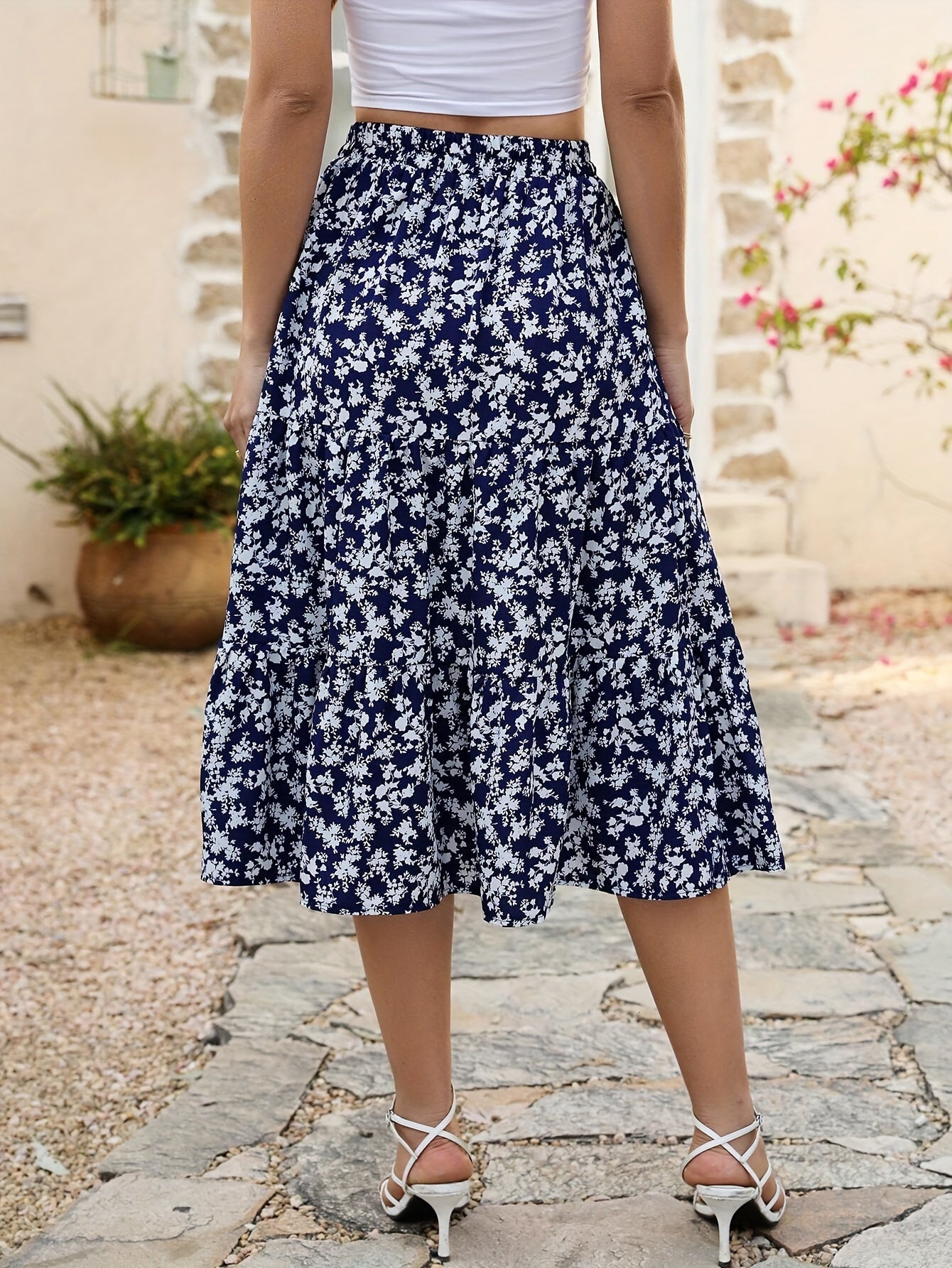 Floral Print Elastic Waist Midi Skirt,